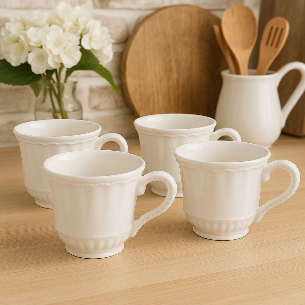 American Atelier Baroque White Coffee Cups Set of 4, Scalloped Embossed Dinner